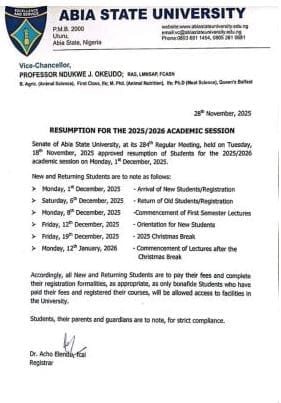 ABSU Resumption 2025/2026 Official Schedule Announced