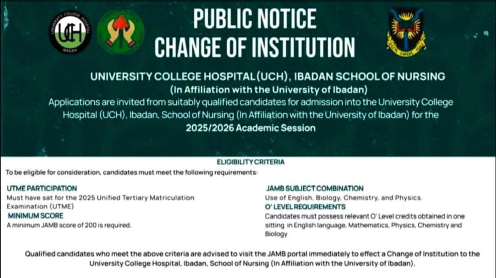 UCH Ibadan School of Nursing Admission 2025/2026