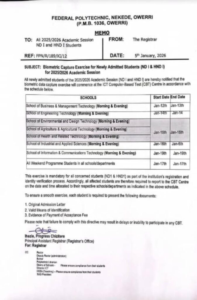 Federal Polytechnic Nekede biometric capture
