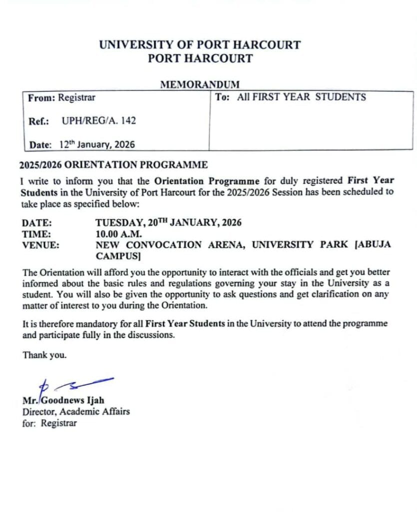 UNIPORT freshers orientation date,